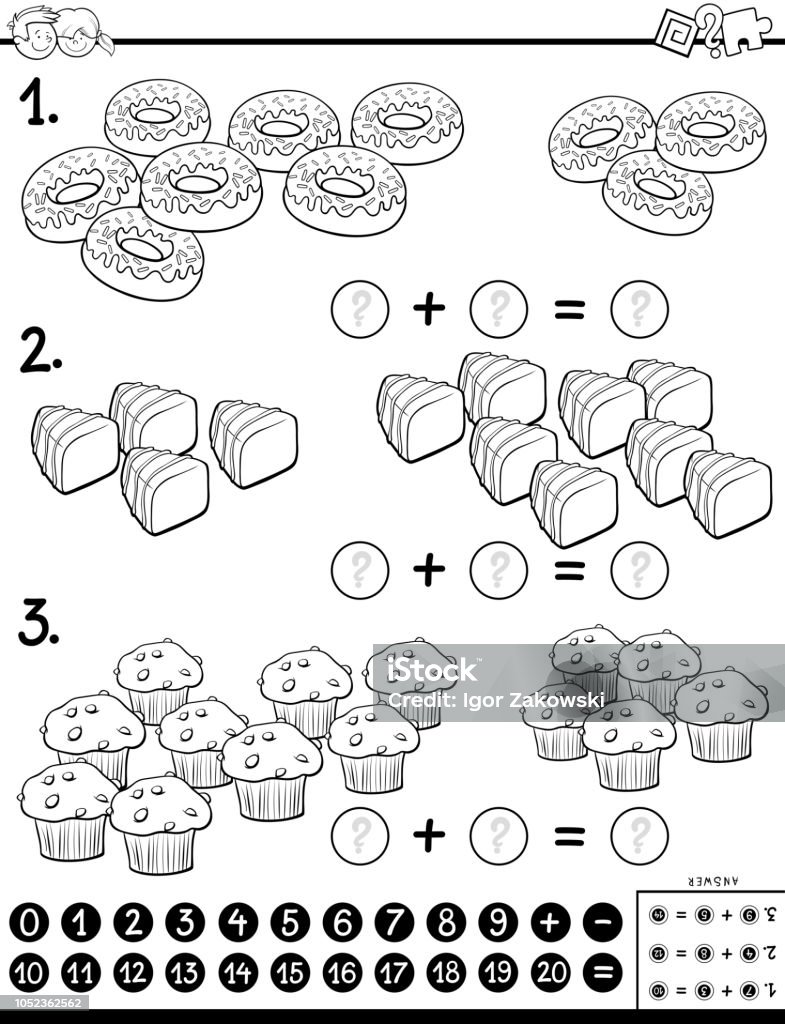 addition educational game color book with sweets Black and White Cartoon Illustration of Educational Mathematical Addition Calculation Puzzle Game for Preschool and Elementary Age Children with Sweet Food Coloring Book Black And White stock vector