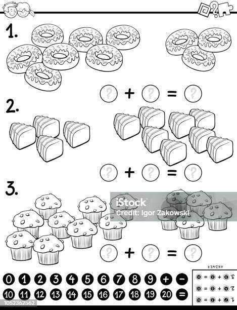 Addition Educational Game Color Book With Sweets Stock Illustration - Download Image Now - Black And White, Cake, Computer Graphic