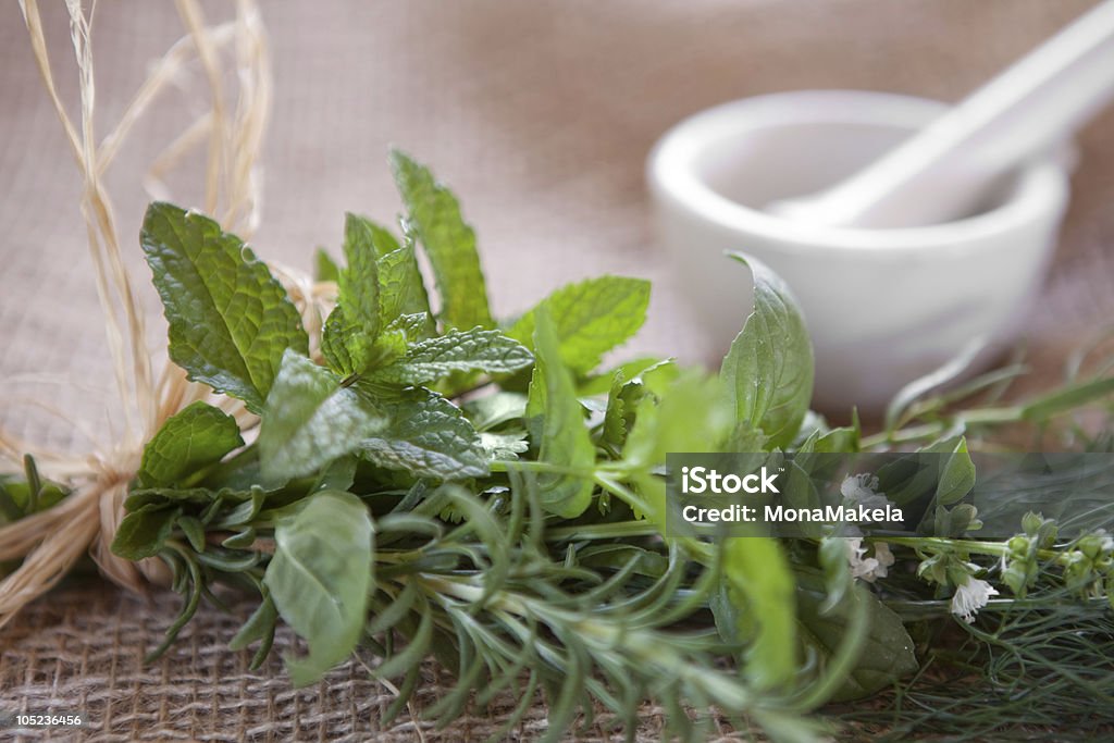 Fresh herbs Fresh herbs tied to a bundle on burlap with a mortar & pestle in the background. Very shallow DOF, spearmint leaves are the focus point. Basil Stock Photo