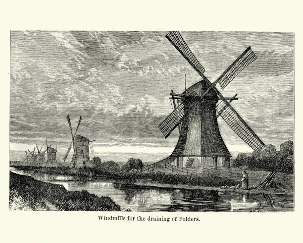 illustrazioni stock, clip art, cartoni animati e icone di tendenza di mulini a vento tradizionali olandesi per il drenaggio dei polder, xix secolo - polder