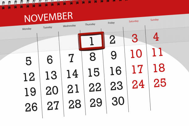 istock Calendar planner for the month, deadline day of the week 2018 november, 1, Thursday 1052369350