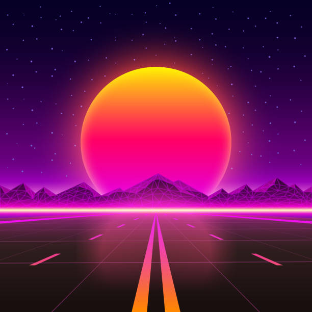 ÐÐ»Ñ ÐÐ½ÑÐµÑÐ½ÐµÑÐ° The road to infinity at sunset. Vector illustration 1980s style stock illustrations