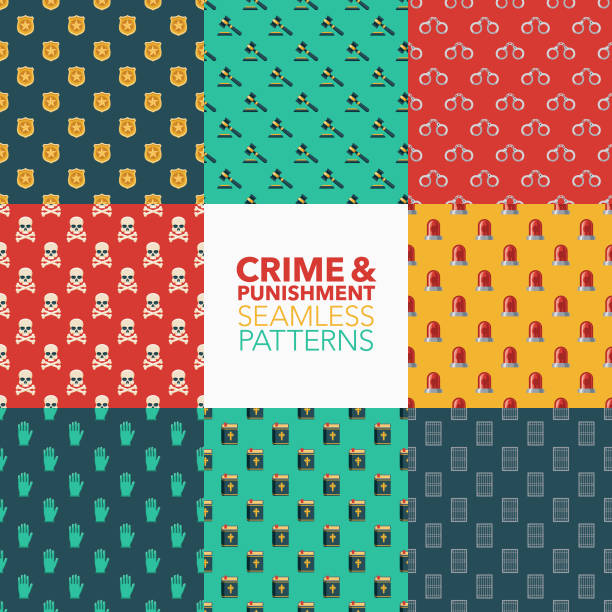 Crime & Punishment Seamless Pattern Set A set of eight seamless patterns created from a single flat design icon. All patterns can be tiled on all sides. File is built in the CMYK color space for optimal printing and can easily be converted to RGB. No gradients or transparencies used, the shapes have been placed into a clipping mask. crime scene investigation stock illustrations