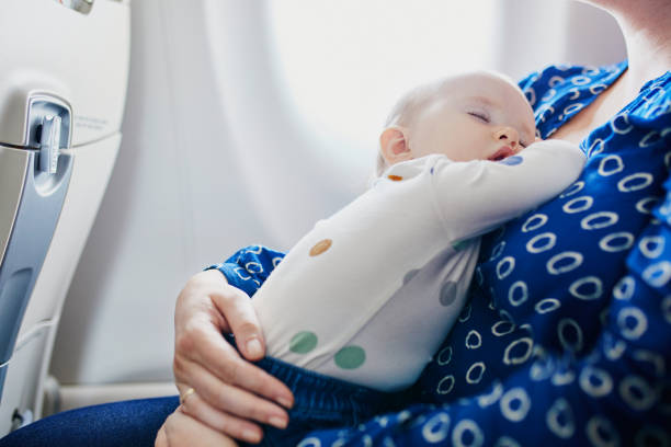 Woman with little girl travelling by plane stock photo