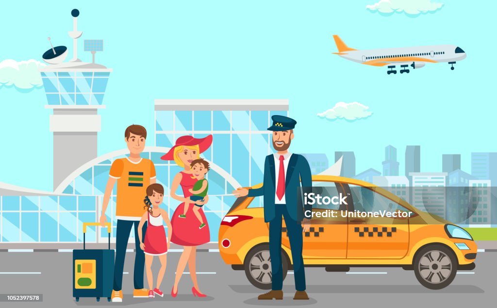 Servicios de taxis en el aeropuerto. Vector ilustración plana - arte vectorial de Taxista libre de derechos