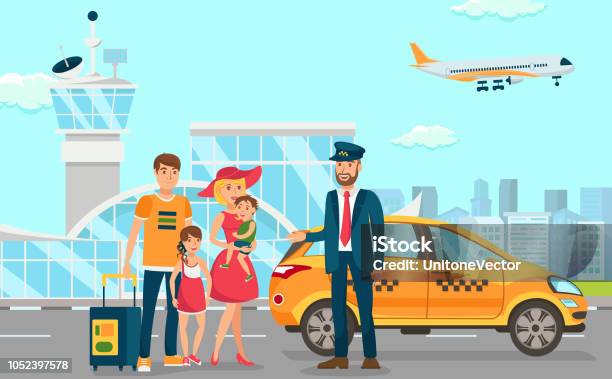 Ilustración de Servicios De Taxis En El Aeropuerto Vector Ilustración Plana y más Vectores Libres de Derechos de Taxista