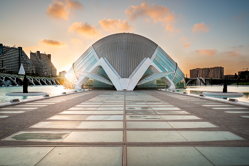 Valencia, Spain - July 30, 2018: The city of the Arts and Sciences taken at sunset. This complex of modern buildings was designed by the architect Santiago Calatrava