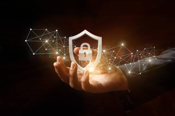 Protection network security computer in the hand . Protection network security computer in the hand on a dark background. identity theft photos stock pictures, royalty-free photos & images