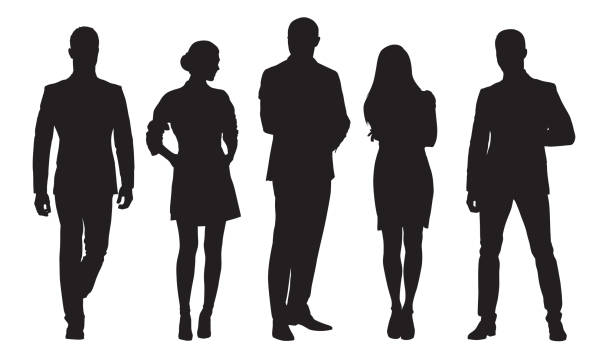 ilustraciones, imágenes clip art, dibujos animados e iconos de stock de los hombres de negocios y las mujeres, grupo de personas en el trabajo. siluetas vector aislado - woman silhouette
