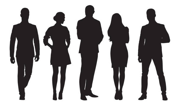 illustrazioni stock, clip art, cartoni animati e icone di tendenza di uomini e donne d'affari, gruppo di persone al lavoro. sagome vettoriali isolate - scontornabile