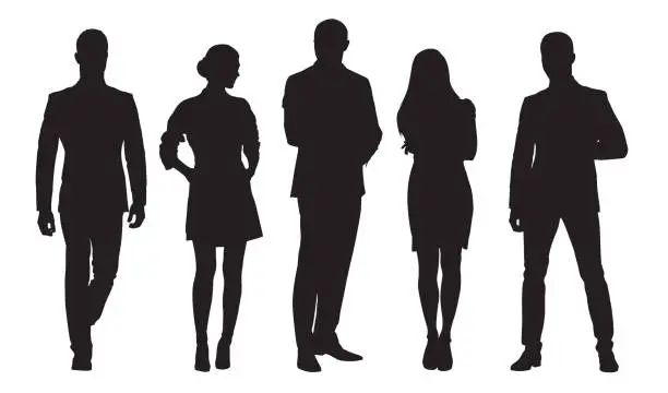 Vector illustration of Business men and women, group of people at work. Isolated vector silhouettes