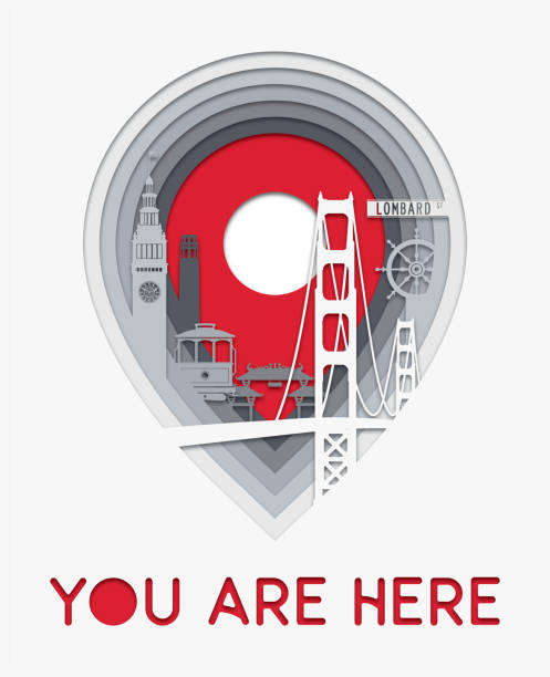 サンフランシスコ市内地図の場所アイコン層紙カット イラスト - san francisco county cable car golden gate bridge symbol点のイラスト素材／クリップアート素材／マンガ素材／アイコン素材