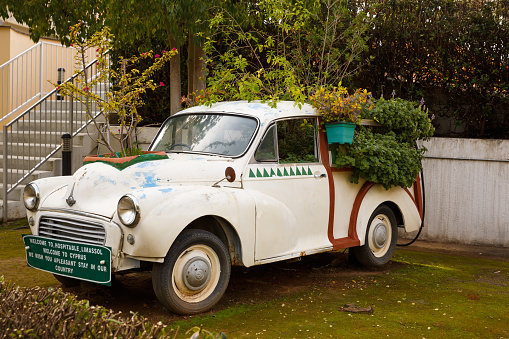Limassol, Cyprus - February 4, 2016 - Morris Minor car with different plants in the park.