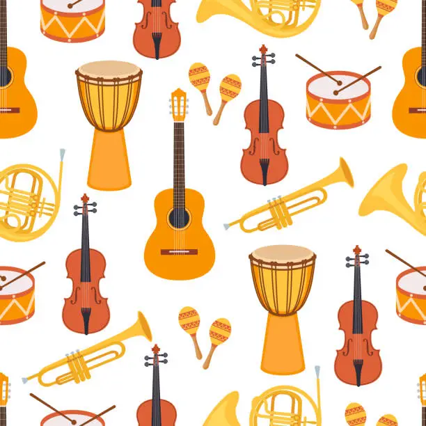 Vector illustration of Seamless stylish colorful pattern of musical instruments on white background. Violin, djembe, drum, maracas, guitar, saxophone, pipe.