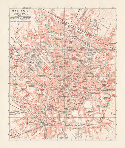 illustrazioni stock, clip art, cartoni animati e icone di tendenza di mappa della città di milano, litografia, pubblicata nel 1897 - milan city