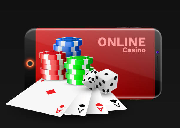 istock Online casino concept, playing cards, dice chips and smartphone with copyspace. Banner template layout mockup for online casinos and gambling. 1052600978