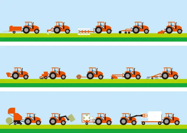 Vector illustration of Agricultural tractor and grass cultivation
