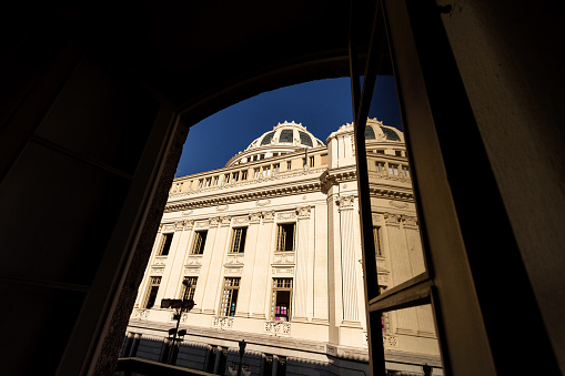 Building of the Congress of the State of Rio de Janeiro, Brazil, seen through the window of an adjoining building
