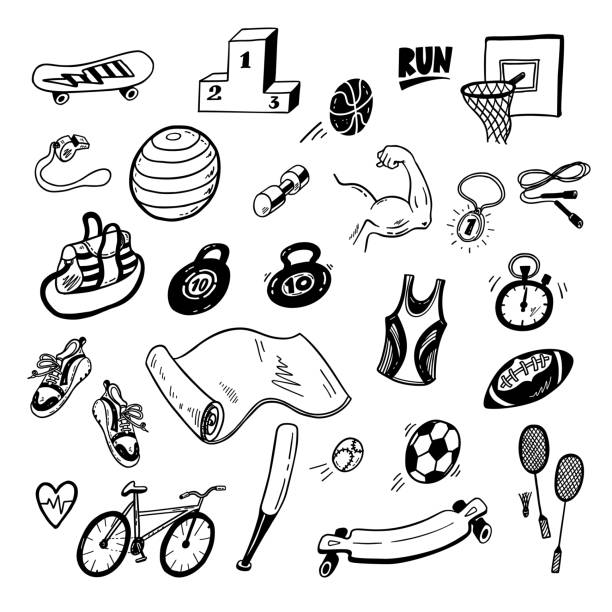 ilustraciones, imágenes clip art, dibujos animados e iconos de stock de conjunto de deporte de doodle - muscular build illustrations