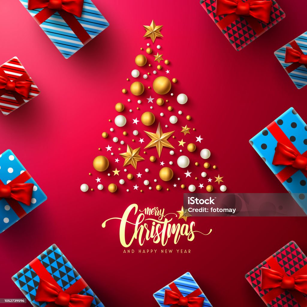 Christmas Calligraphic Inscription with Christmas tree,Christmas decoration elements and gift box on red background.Merry Christmas and happy new year concept for Christmas promotion banner template.Vector illustration EPS10 Christmas stock vector