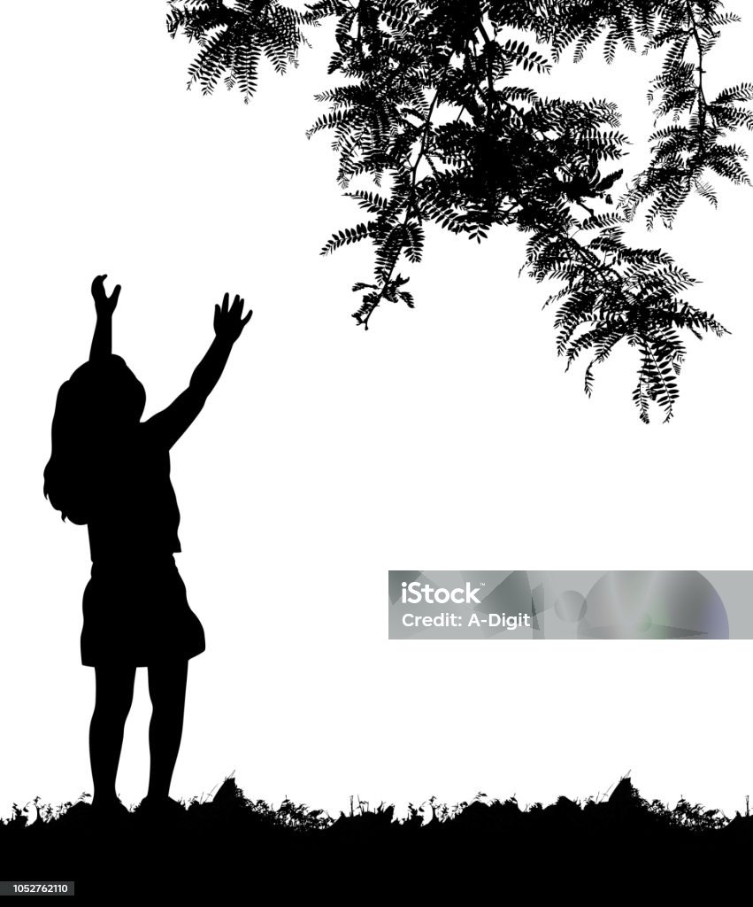 Reach For The Trees Little girl reaching up to the branch of a tree In Silhouette stock vector