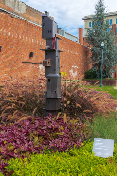 Johnson City, TN, USA-9/30/18: A small public garden built around a sculpture called \