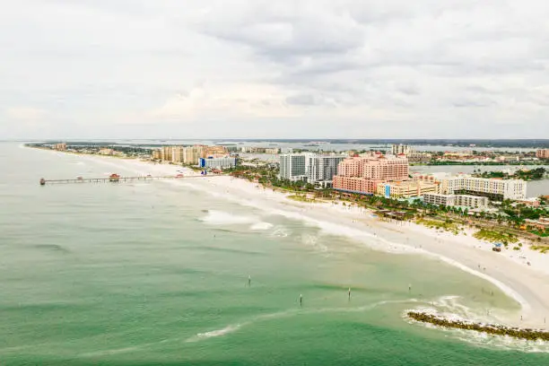 Aerial view of the Clearwater Beach in Clearwater, FL.