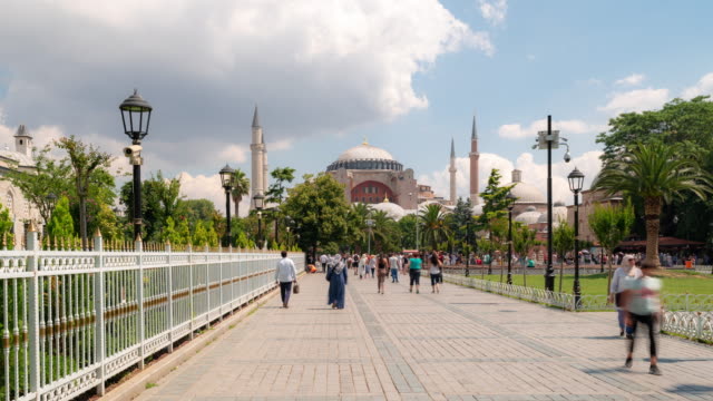 Timelapse: Traveler Crowd at The Hagia Sophia Mosque in old town square Istanbul Turkey