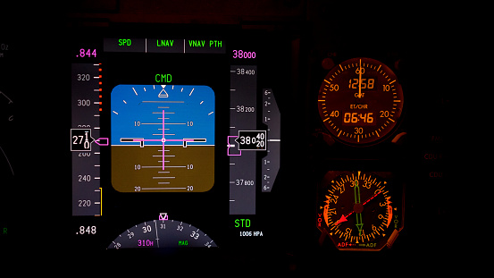 This is a photo of flight’s instruments from an airplane It’s showing the panels, switches and other instruments. By using shallow focus and ambient light from early morning its given nice and warm felling of an early morning flight.