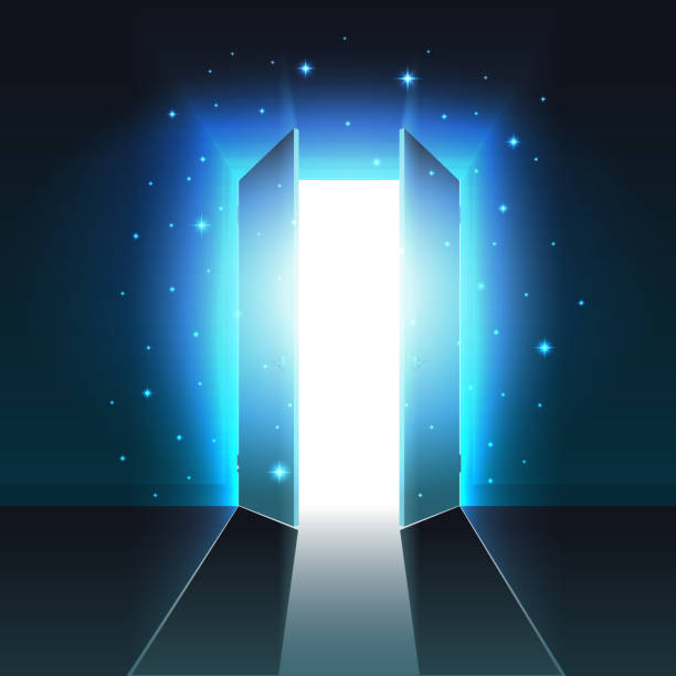 istock Mystical light from the open double door of a dark room, abstract glowing exit, background, open door template, mock up 1052894148