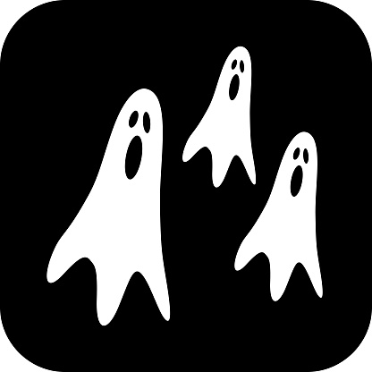 Vector illustration of three white ghosts on a black background.