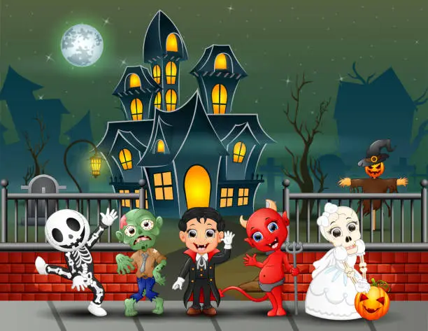 Vector illustration of Cartoon happy kids on the halloween day