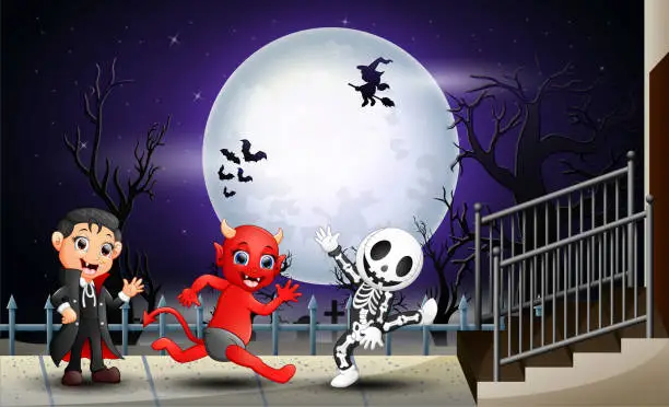 Vector illustration of Happy kids halloween in the full moon background