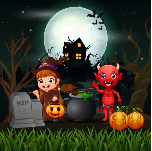 Vector illustration of Happy halloween witch and red devil in the night