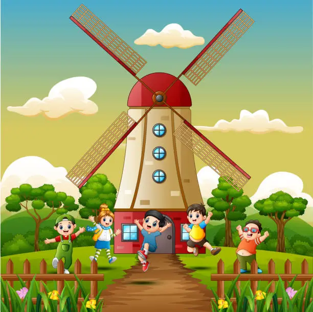 Vector illustration of happy kids playing in front of windmill building background