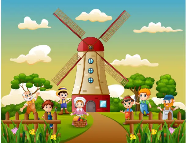 Vector illustration of Happy farmer in front of windmill building background