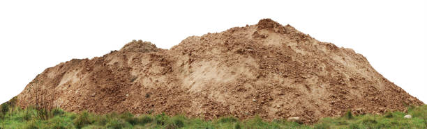 A large pile of construction sand  on forest grassy site. stock photo