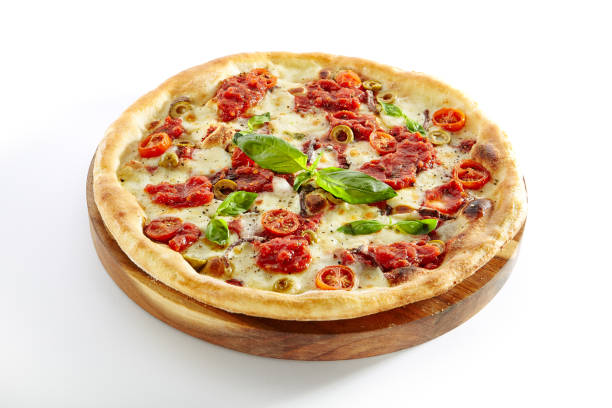 istock Pizza with Cherry Tomato, Mozzarella Cheese and Tomato Sauce Isolated 1052912304