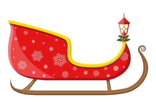 Empty santa sleigh with snowflakes, holly and lamp
