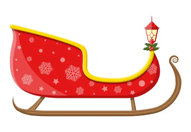 Vector illustration of Empty santa sleigh with snowflakes, holly and lamp