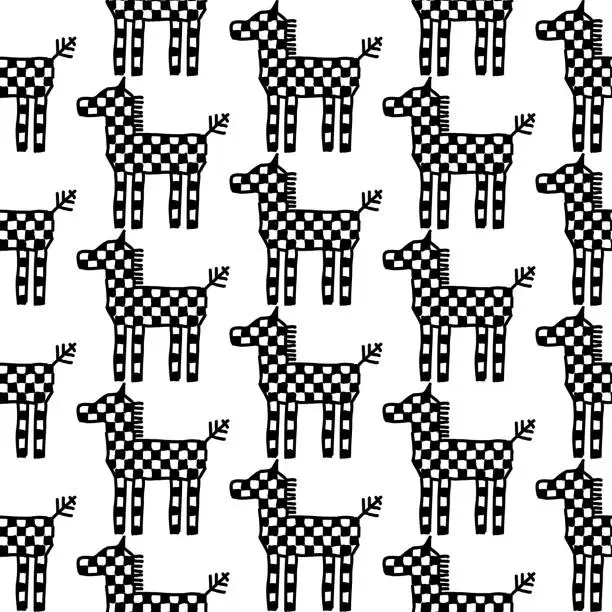 Vector illustration of Seamless pattern horse Ornament of Russian folk embroidery, black contour isolated on white background. Can be used for fabrics, wallpapers, websites. Vector