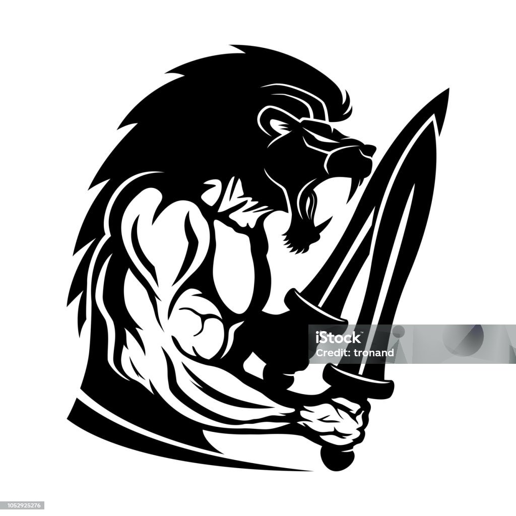 Strong warrior with a lion head and two swords. Strong warrior with a lion head and two swords on a white background. Lion - Feline stock vector