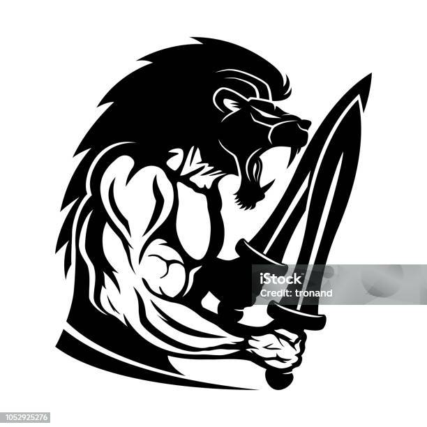 Strong Warrior With A Lion Head And Two Swords Stock Illustration - Download Image Now - Lion - Feline, War, Fighting