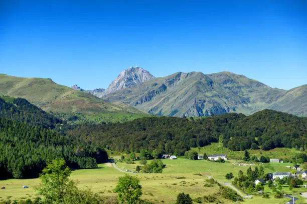 Photo of mountain landscape in the Pyrenees with the Pic du Midi de Bigorre in the background