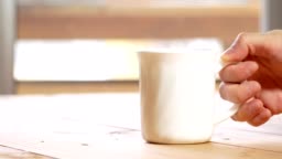 Hand Picking Up A Cup Of Coffee And Put It Down On Wooden Table Stock Video  - Download Video Clip Now - iStock