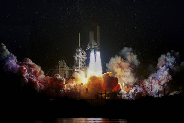 Spaceship launch at night, landscape with colorful smoke clouds and galaxy background. The elements of this image furnished by NASA. Spaceship launch at night, landscape with colorful smoke clouds and galaxy background. The elements of this image furnished by NASA. launch event photos stock pictures, royalty-free photos & images