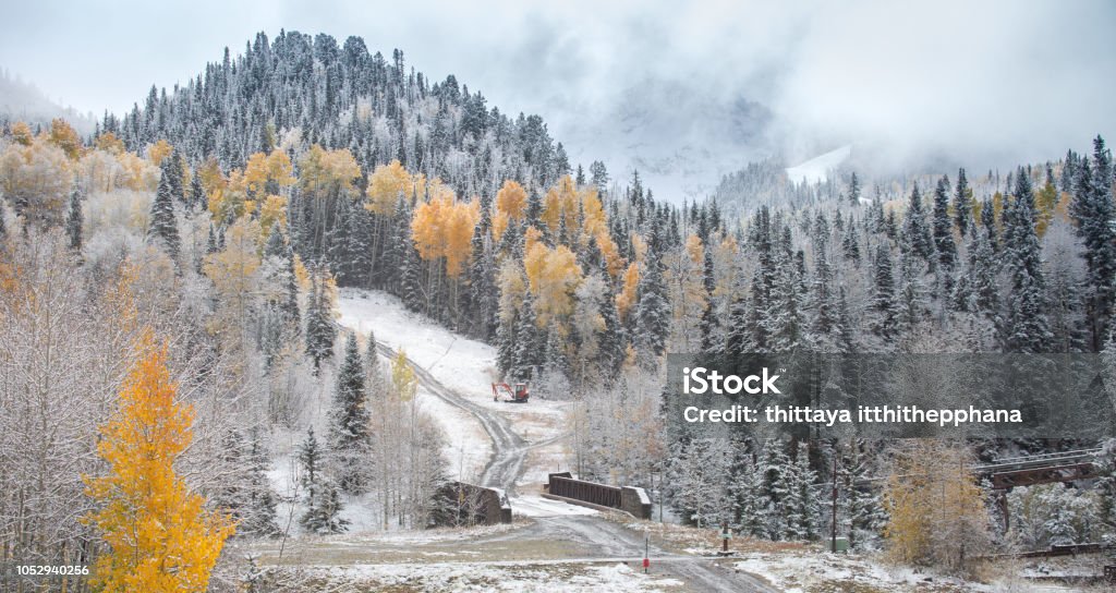 After the first snow over the mountain Beautiful  landscape  After the first snow over the mountain, Telluride, Colorado, USA. Autumn Stock Photo