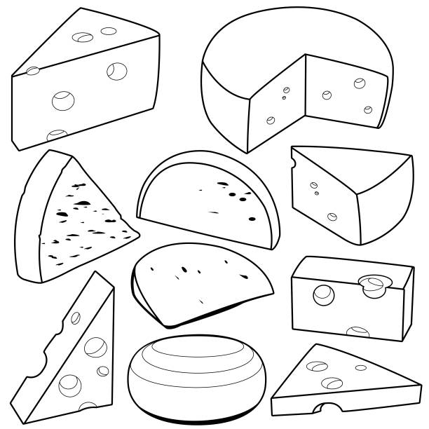 Cheese icon collection. Vector black and white illustration Various types of cheese. Black and white vector outline illustration swiss cheese slice stock illustrations