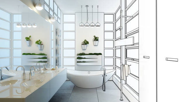 Contemporary Bathroom Adaptation (draft) Contemporary Bathroom Adaptation (draft) - 3d visualization renovation stock pictures, royalty-free photos & images
