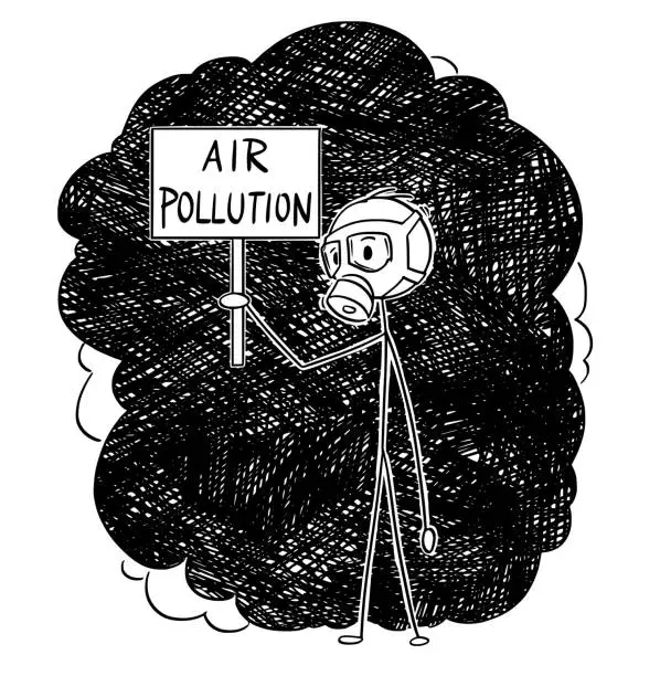 Vector illustration of Cartoon of Man With Gas Mask Standing in Smog and Holding Air Pollution Sign